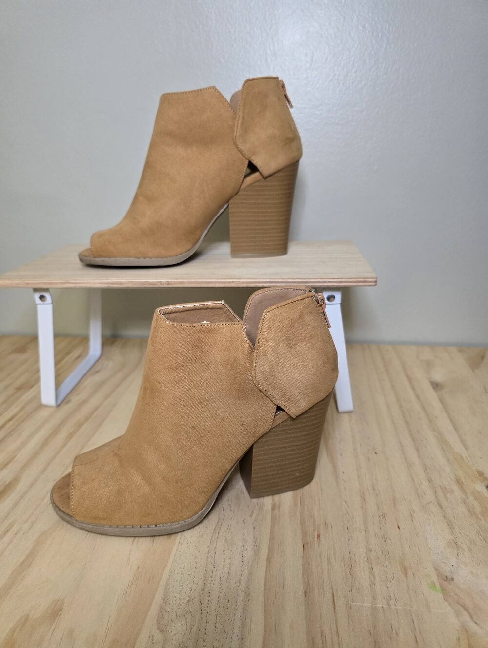 Quipid Tan Suede Peep-Toe Block Heel Booties